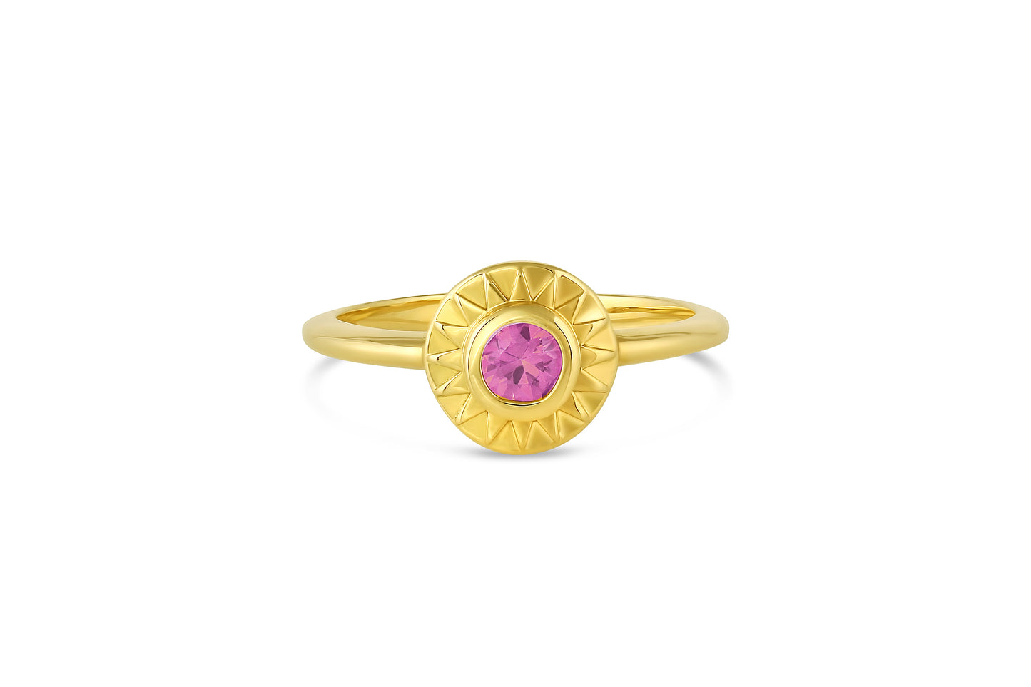 Load image into Gallery viewer, 18k yellow gold sunburst circle ring with pink sapphire center stone on white background.
