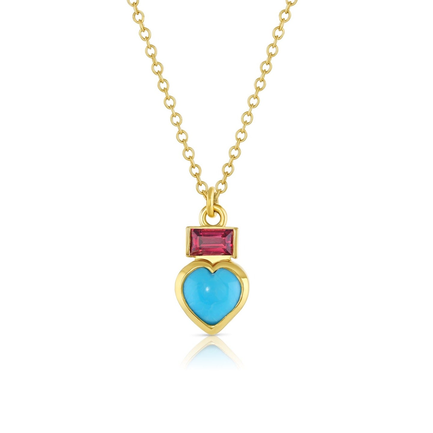 Load image into Gallery viewer, 18k yellow gold pendant necklace with heart shaped turquoise and rectangle shaped rhodolite garnet gemstones.
