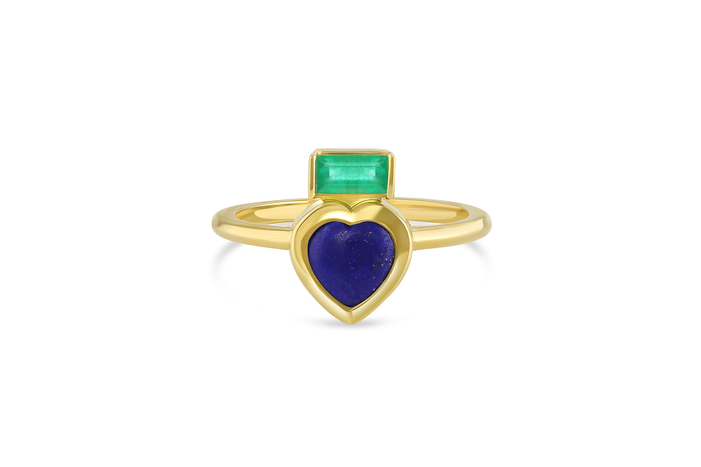 18k yellow gold ring with heart shaped lapis and rectangle emerald on white background.