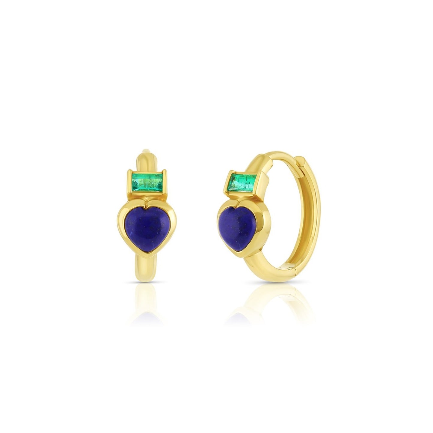 18k yellow gold huggie hoop earrings with heart shaped lapis and baguette emerald on white background.