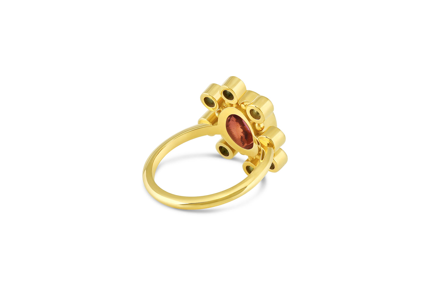 back view of the 18k yellow gold cosmos ring with pink tourmaline center stone and teal tourmaline and gold halo on white background.