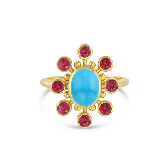 Load image into Gallery viewer, 18k yellow gold cosmos ring with turquoise center stone and ruby and gold halo on white background.
