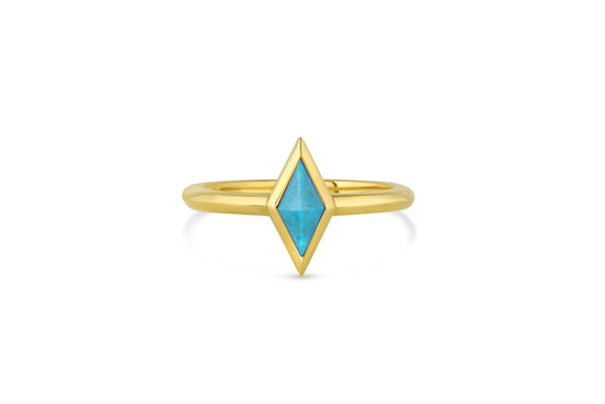 Load image into Gallery viewer, Rhombus shaped turquoise gemstone solitaire ring set in 18k yellow gold.
