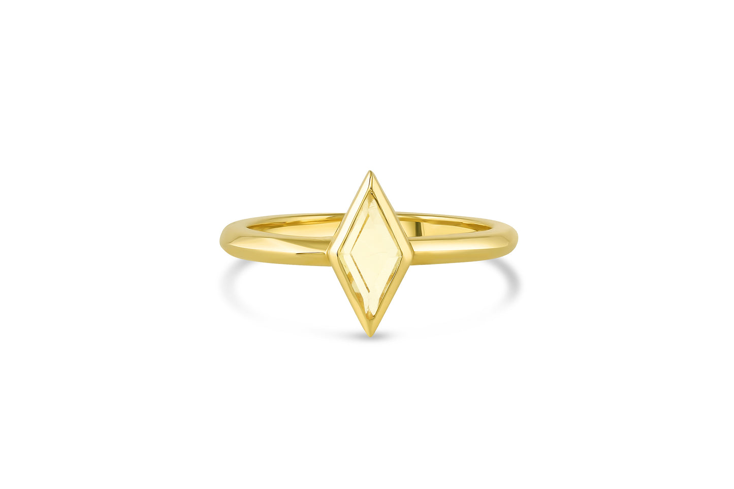 Rhombus shaped yellow sapphire gemstone solitaire ring set in 18k yellow gold.