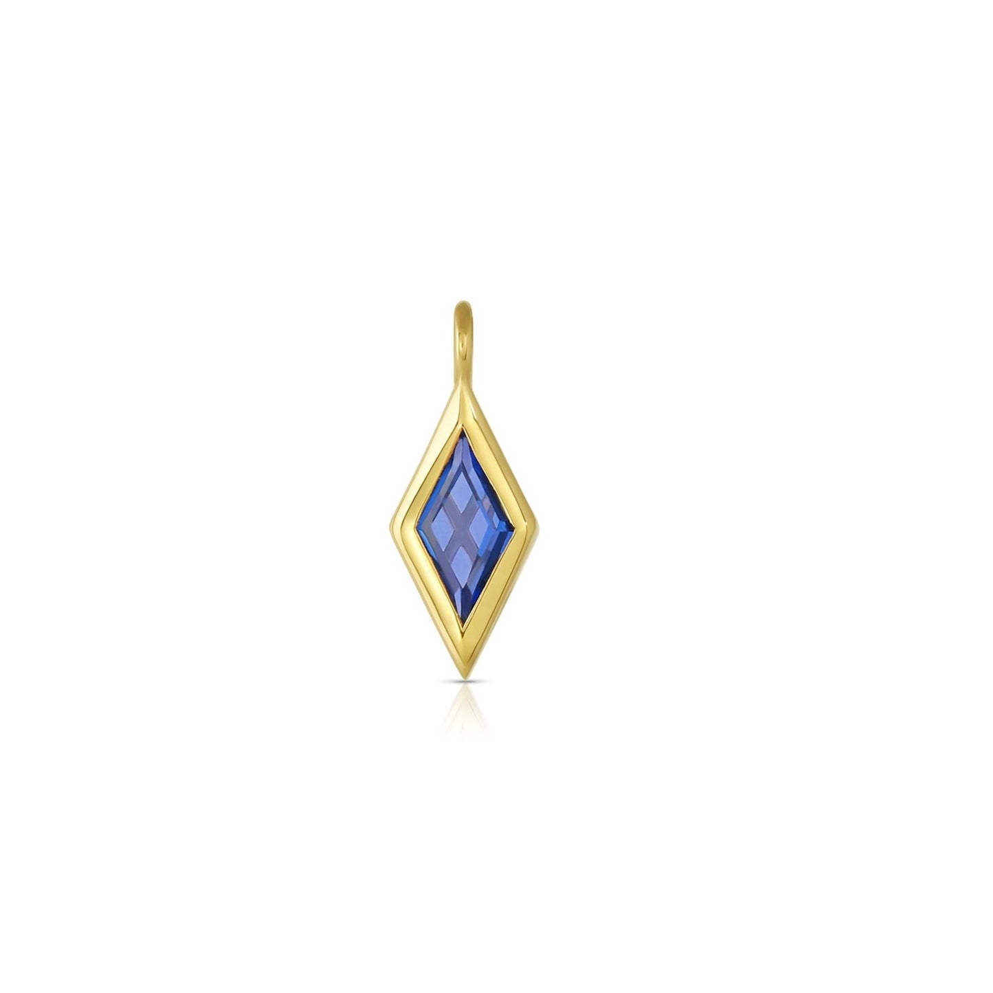 blue sapphire rhombus shaped pendant set in 18k yellow gold on white background.