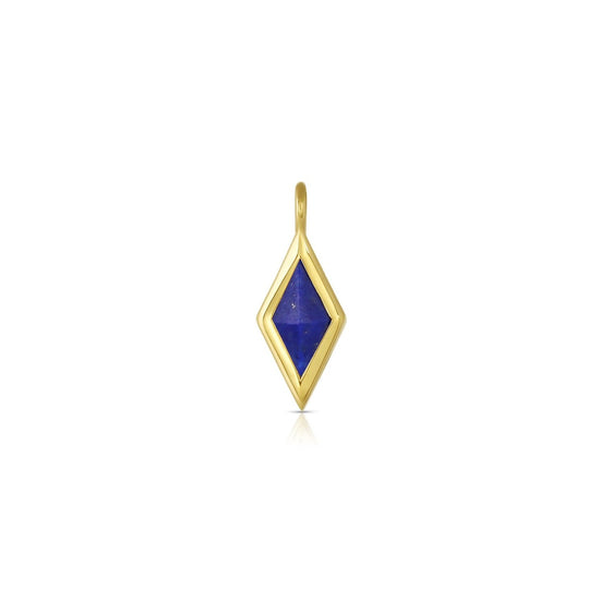 Load image into Gallery viewer, lapis rhombus shaped pendant set in 18k yellow gold on white background.
