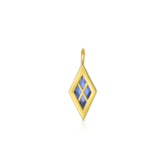 back view of the blue sapphire rhombus shaped pendant set in 18k yellow gold on white background.