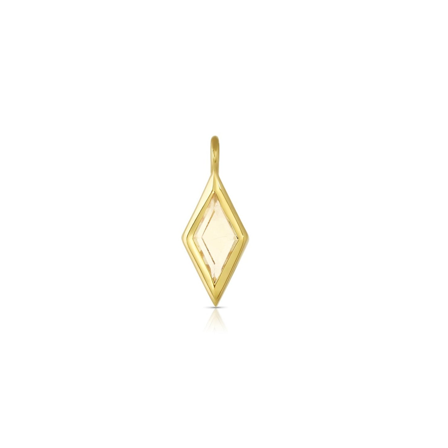 yellow sapphire rhombus shaped pendant set in 18k yellow gold on white background.