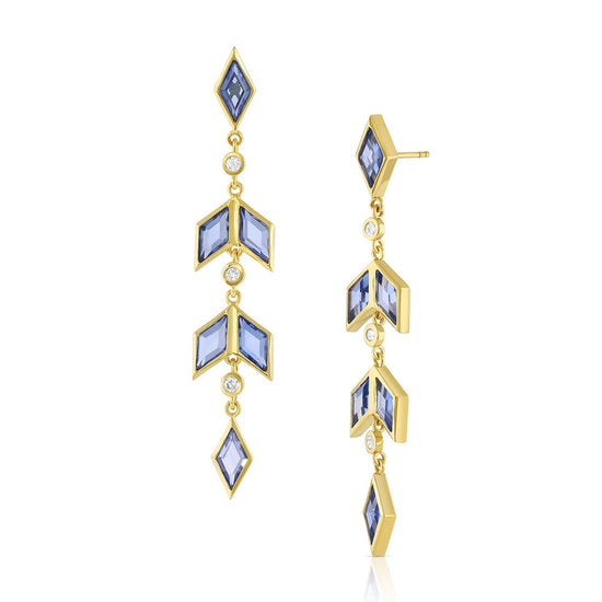 rhombus and round gemstone dangle earrings with blue sapphire and diamonds set in 18k yellow gold on white background.