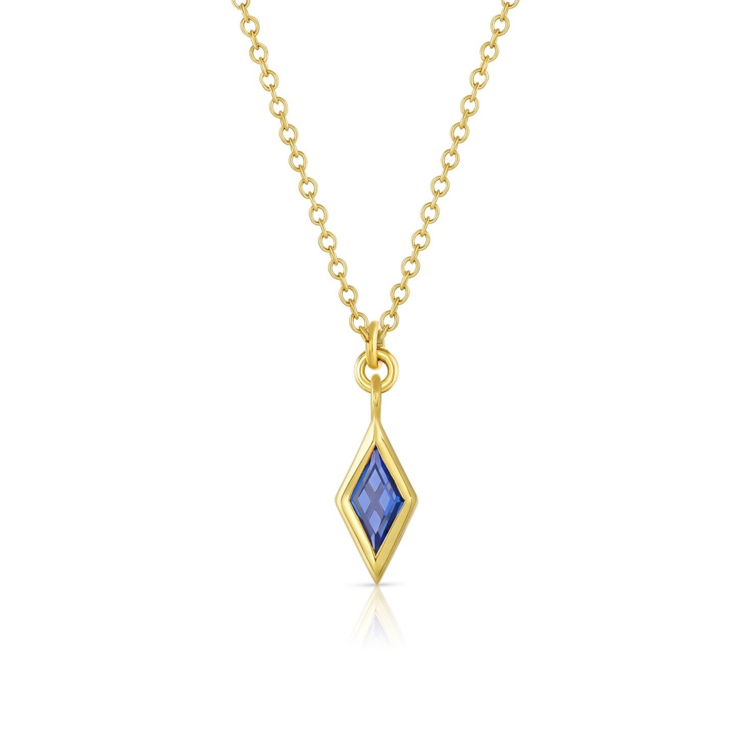 Load image into Gallery viewer, blue sapphire rhombus shaped pendant on chain in 18k yellow gold.
