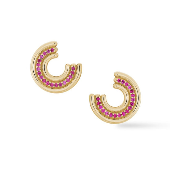 Load image into Gallery viewer, Gold open circle stud earrings with pink sapphire, on white background.
