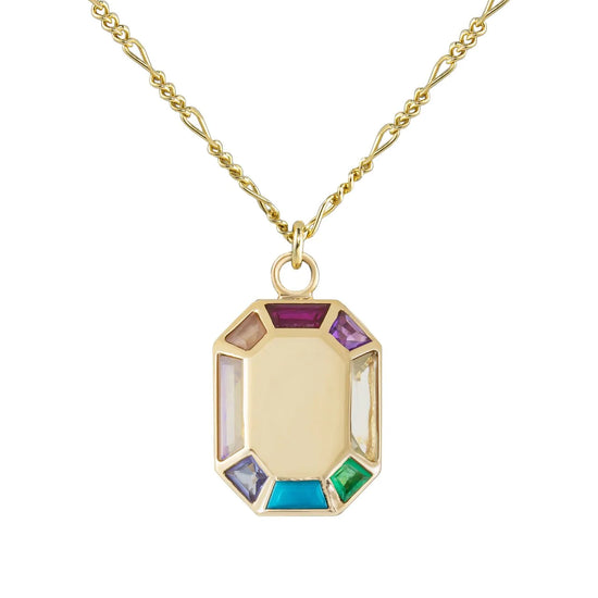 an octagon shaped gold pendant with rainbow gemstone accents on a white background