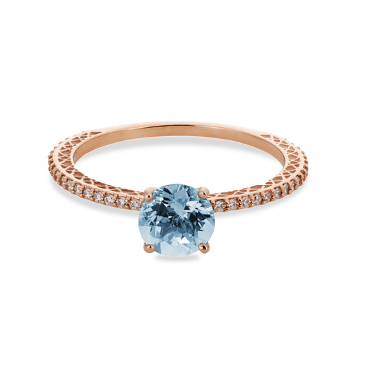 Load image into Gallery viewer, Viviana Langhoff&amp;#39;s signature rose gold aquamarine solitaire ring on white background.
