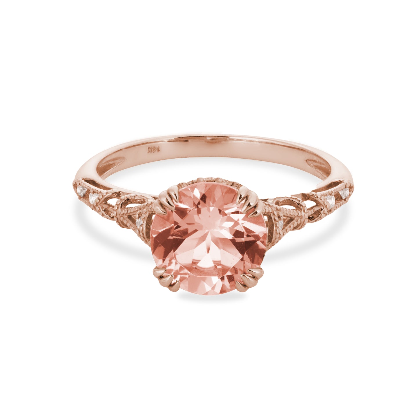 Rose gold with morganite Hayley ring on white backgroound.