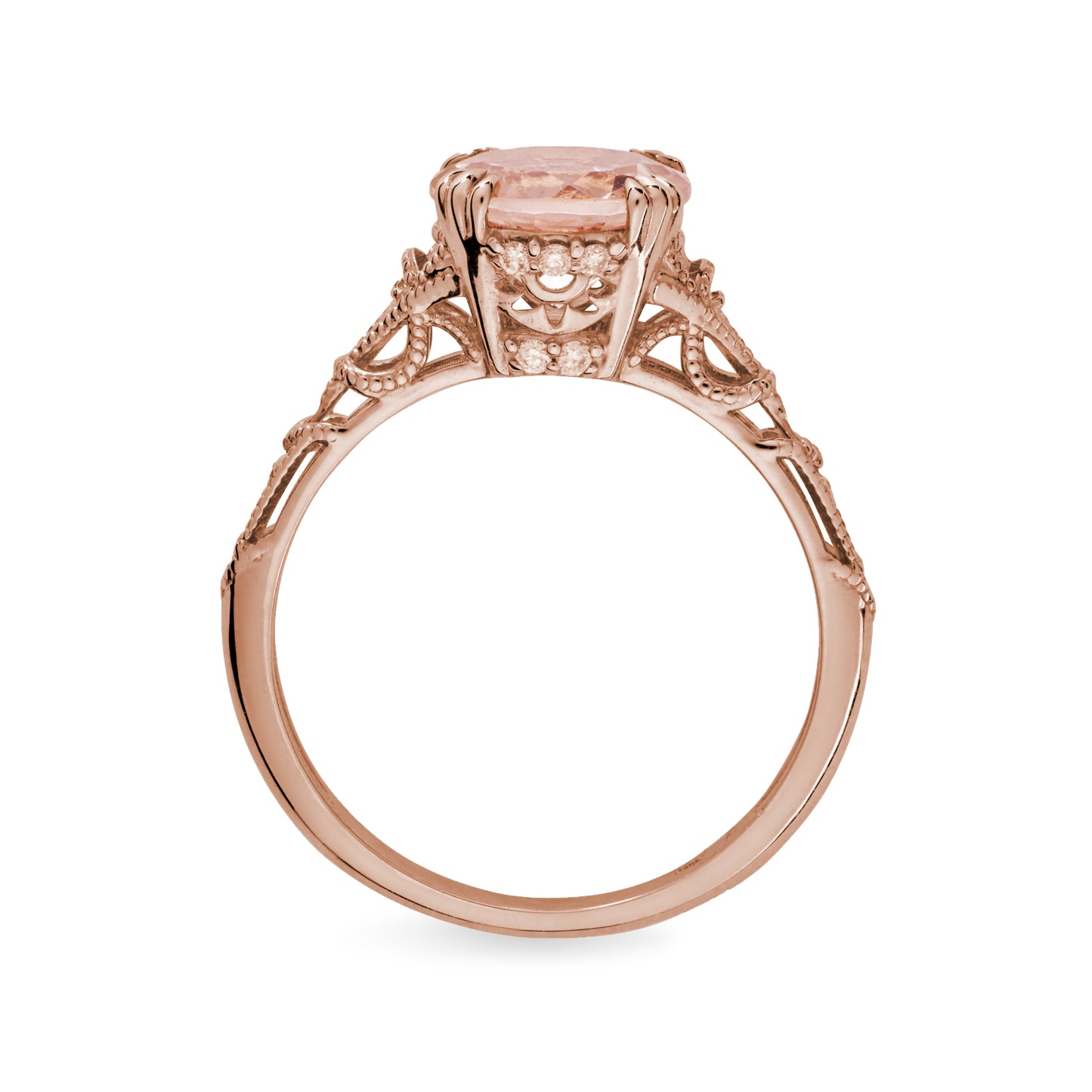 Side view of the rose gold with morganite Hayley ring on white background.