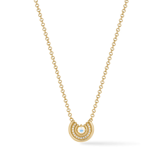 14k gold pendant necklace, with rainbow moonstone center stone, and a row of white diamonds, on white background.