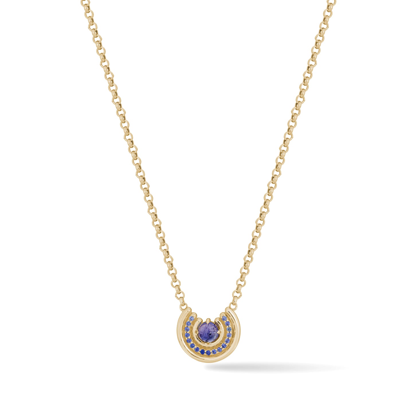 Load image into Gallery viewer, 14k gold pendant necklace, with tanzanite center stone, and a row of clue sapphires, on white background.
