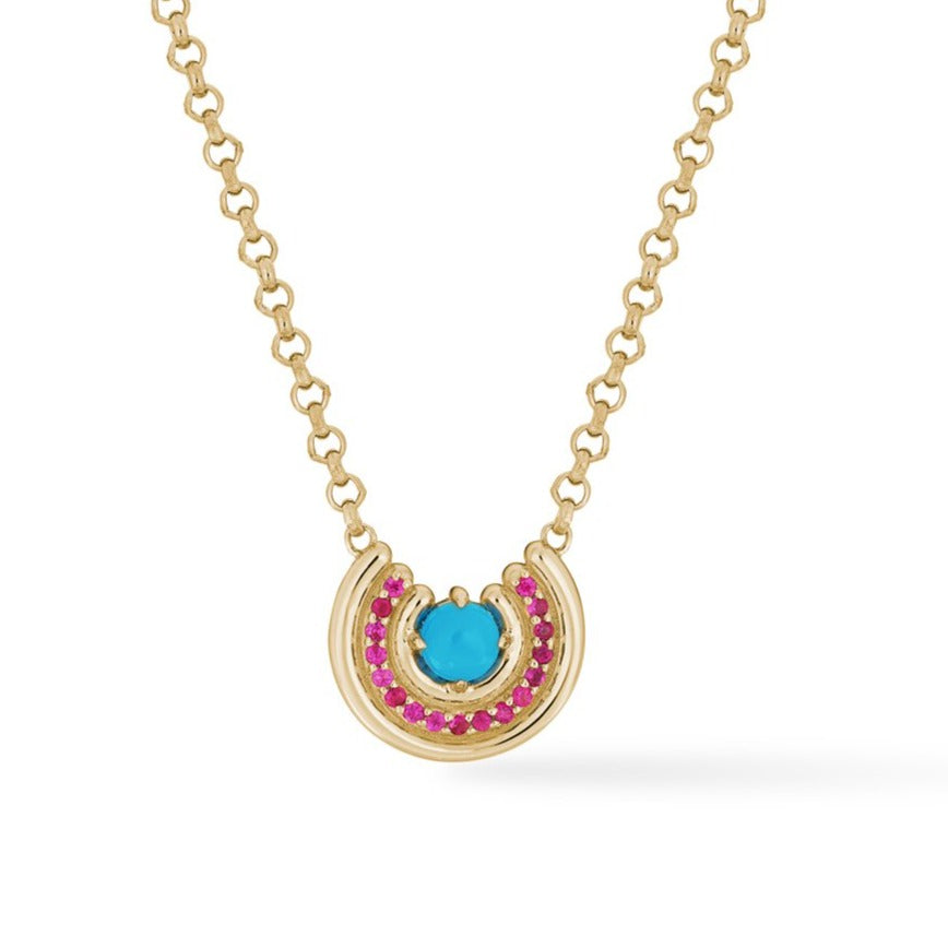 14k gold pendant necklace, with turquoise center stone, and a row of pink sapphires, on white background.