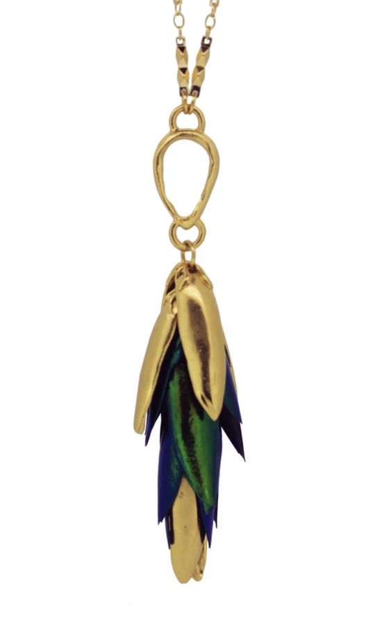 gold plated necklace with genuine metallic beetle wing pendant