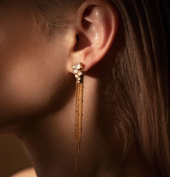 Load image into Gallery viewer, Model wearing the Via Lactea tassel stud earrings.
