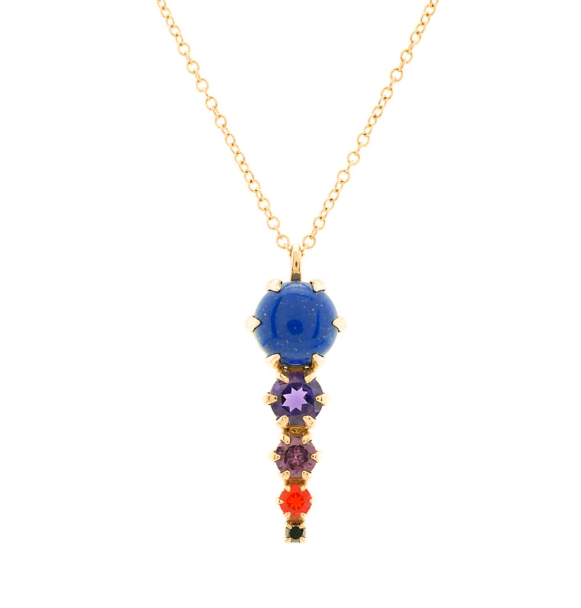 Gem spike pendant necklace, with Lapis, amethyst, garnet, fire opal, and black diamond gemstones, close up on white background.