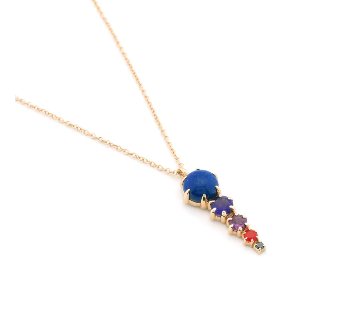 Load image into Gallery viewer, Gem spike pendant necklace, with Lapis, amethyst, garnet, fire opal, and black diamond gemstones, on white background.
