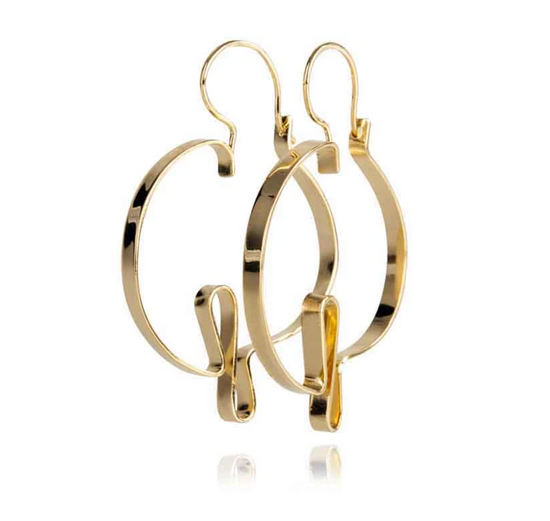 Load image into Gallery viewer, Pair of Gold loop hoop earrings with a gold ear wire on a white background 
