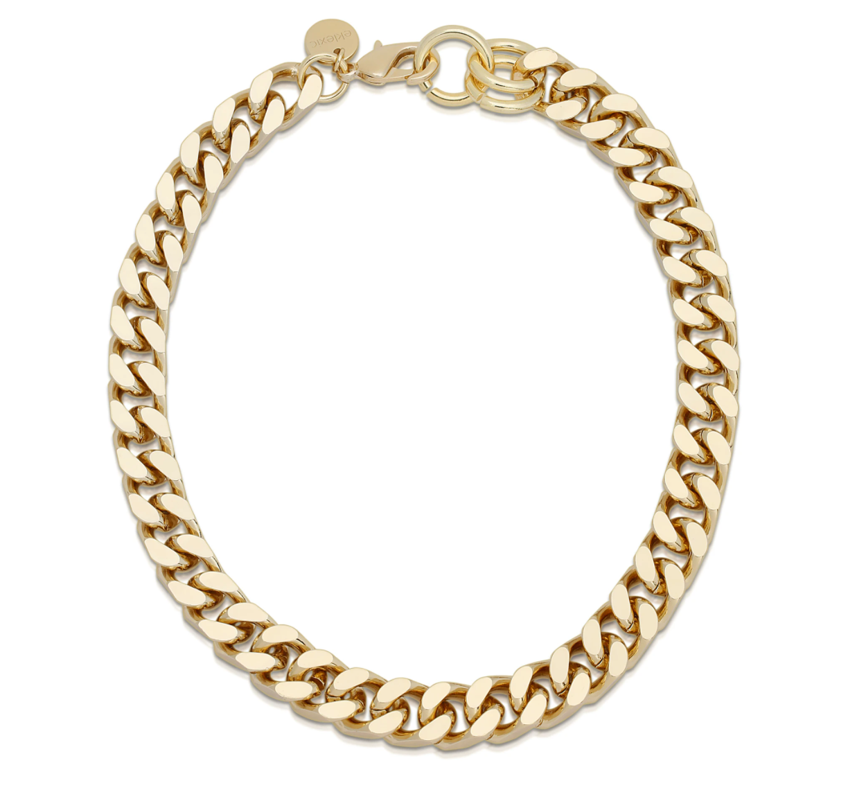 10k gold plated brass chain necklace, close up on white background.