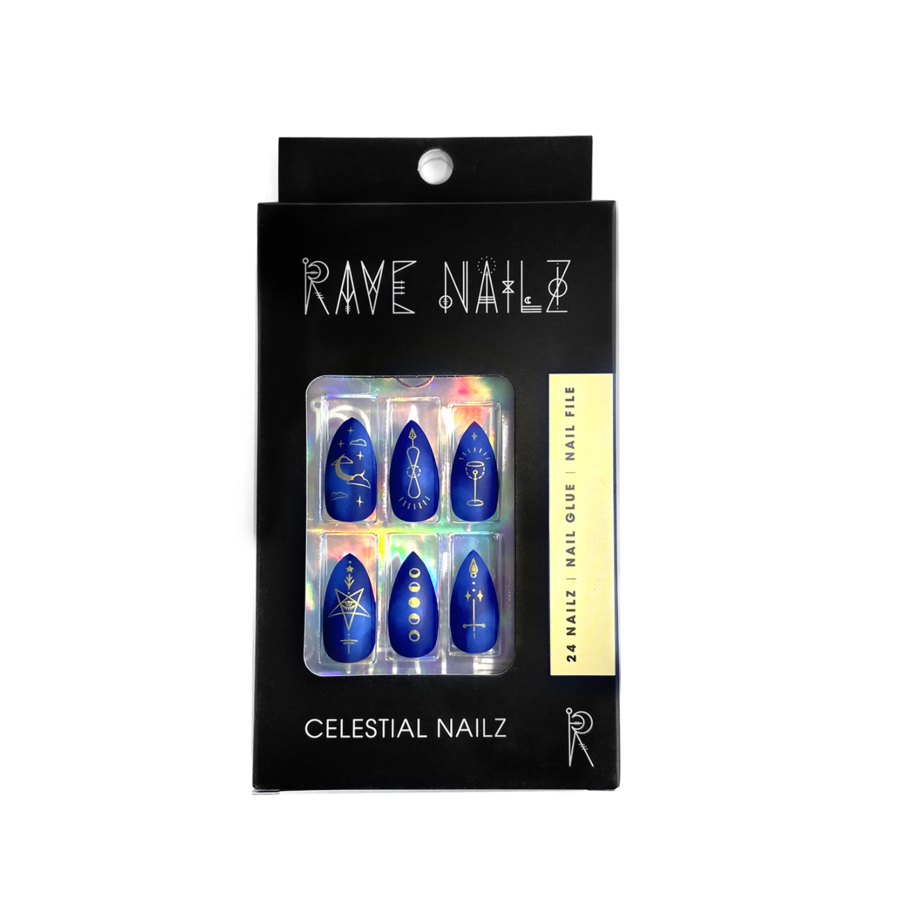 Blue and gold celestial design press on nails in box on white background.