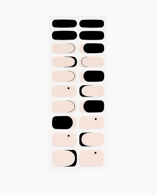Black and beige minimal design nail wraps on white background.