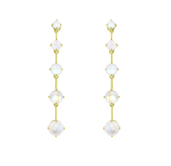 Load image into Gallery viewer, Five moonstone drop earrings on white background.
