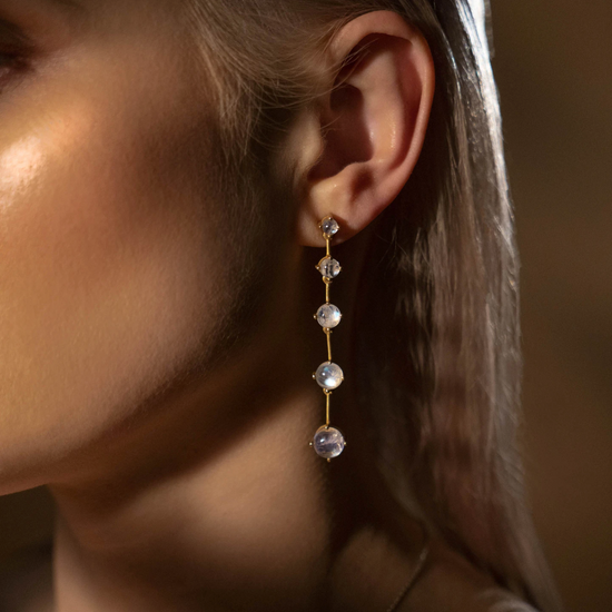 Model wearing the astraea drop earrings.