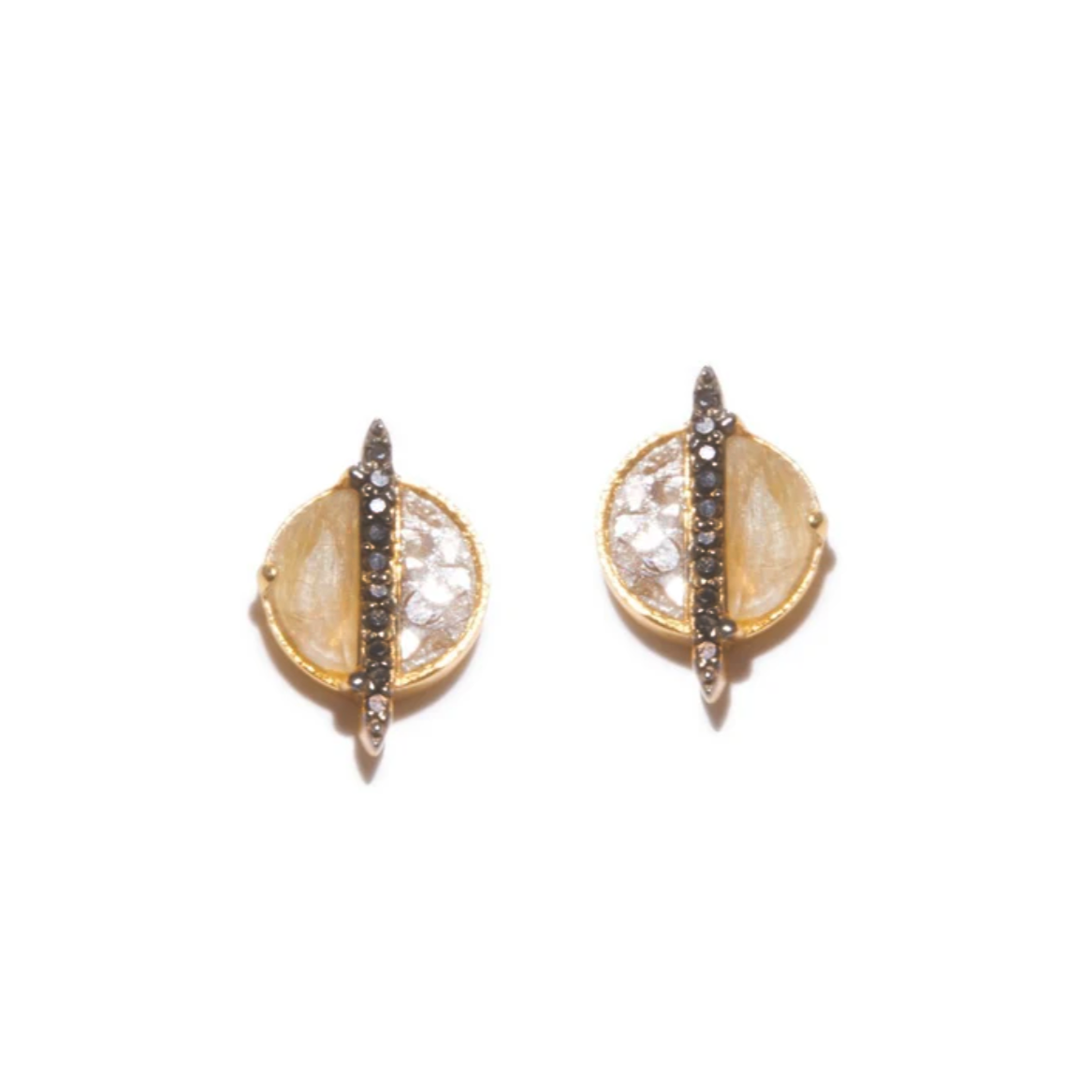 a pair of gold stud earrings with diamond slices set in resin, moonstone, and diamond pave down the center on a white background