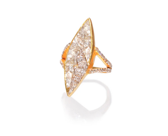 Marquise shaped ring with crushed diamonds in resin set in 18k yellow gold vermeil  on white background.