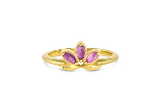 Load image into Gallery viewer, 18k yellow gold lotus shaped ring with pink sapphires on white background.
