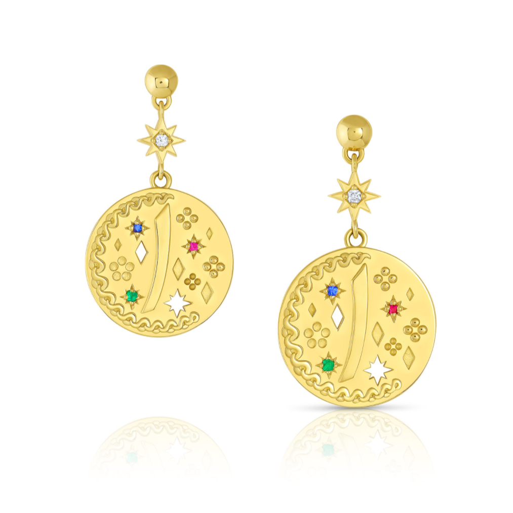 18k yellow gold coin earrings with emeralds, rubies, sapphires and diamonds and engraved with ancient Afghan symbols.