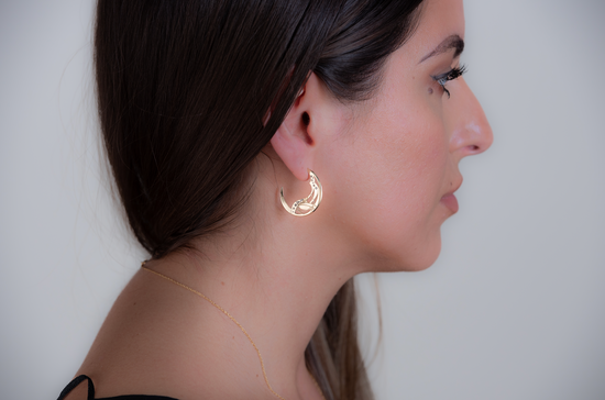 profile shot of small gold hoops on a model