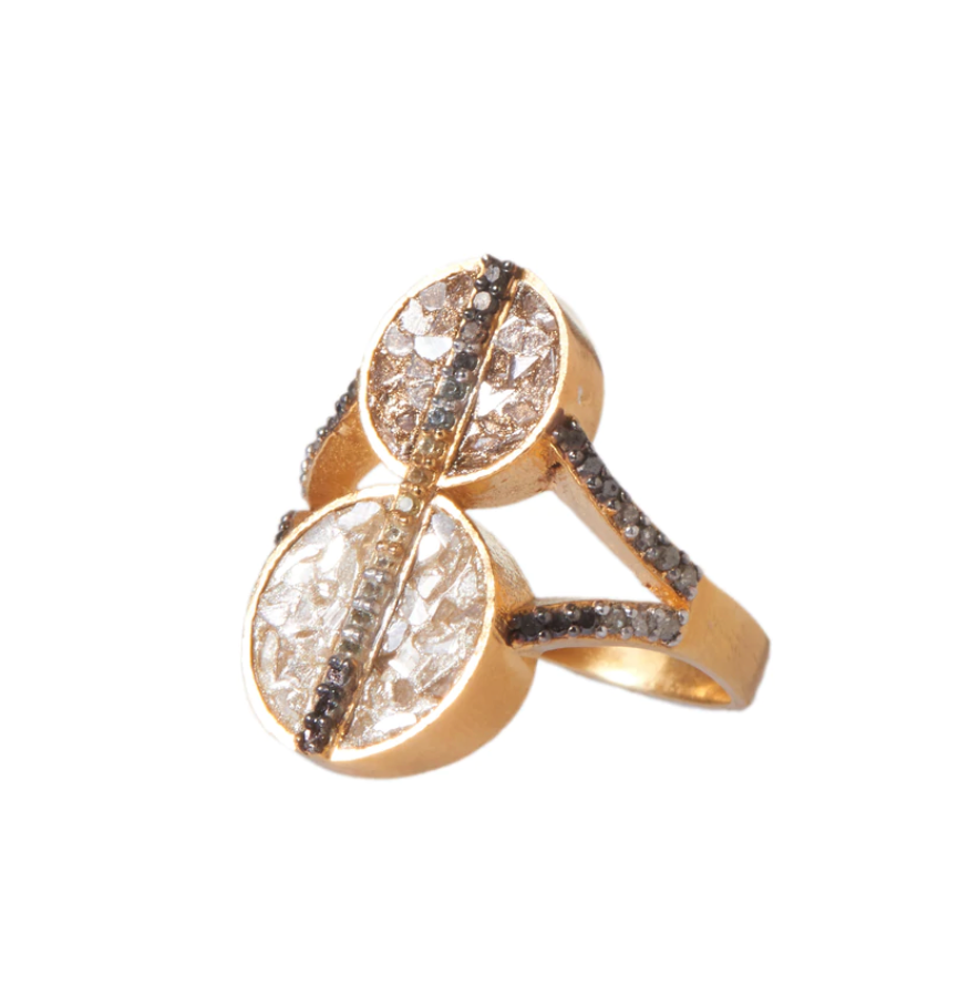 gold statement ring with diamond slices set in resin with diamond accents on a white background