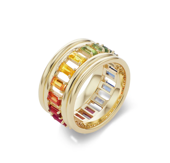 Load image into Gallery viewer, yellow gold band with rainbow baguette sapphires angled on a white background
