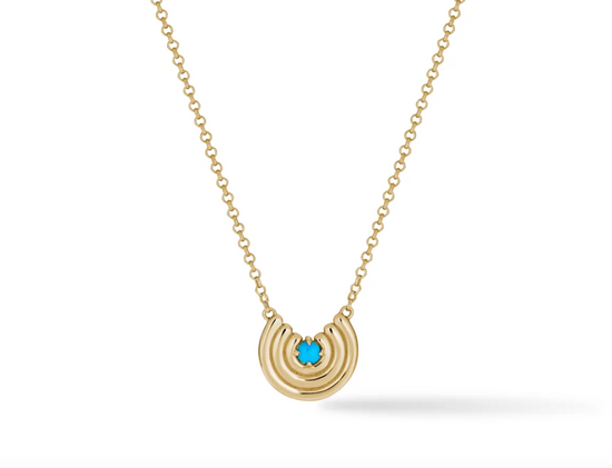 yellow gold curved pendant with turquoise gemstone center on white background