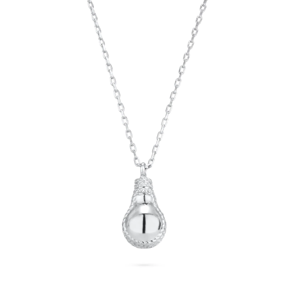 silver lightbulb shaped pendant with braided details and silver chain on white background