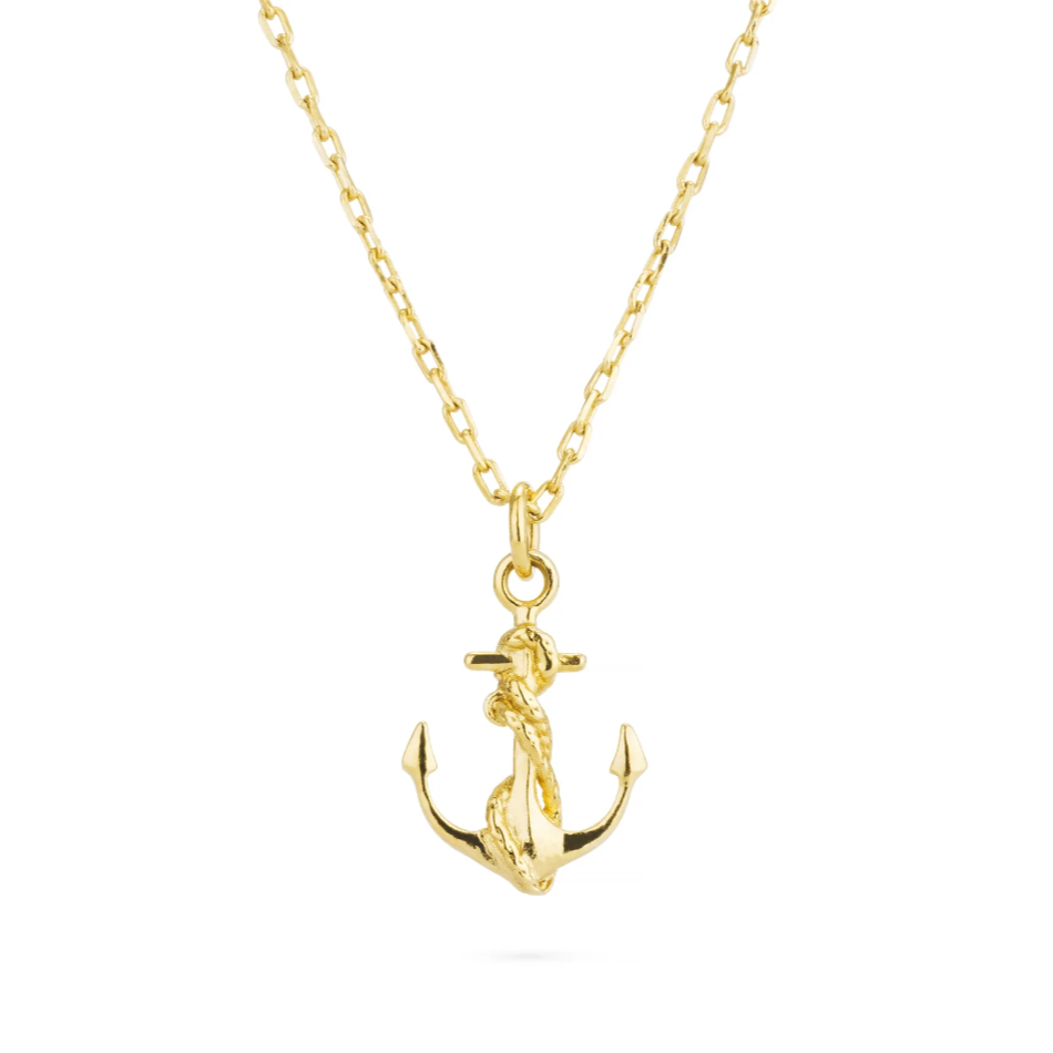 gold anchor shaped pendant with braided details on white background