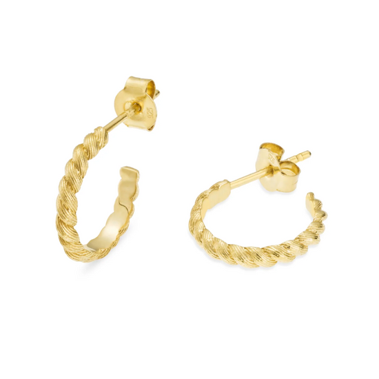 gold braided hoop earrings on white background