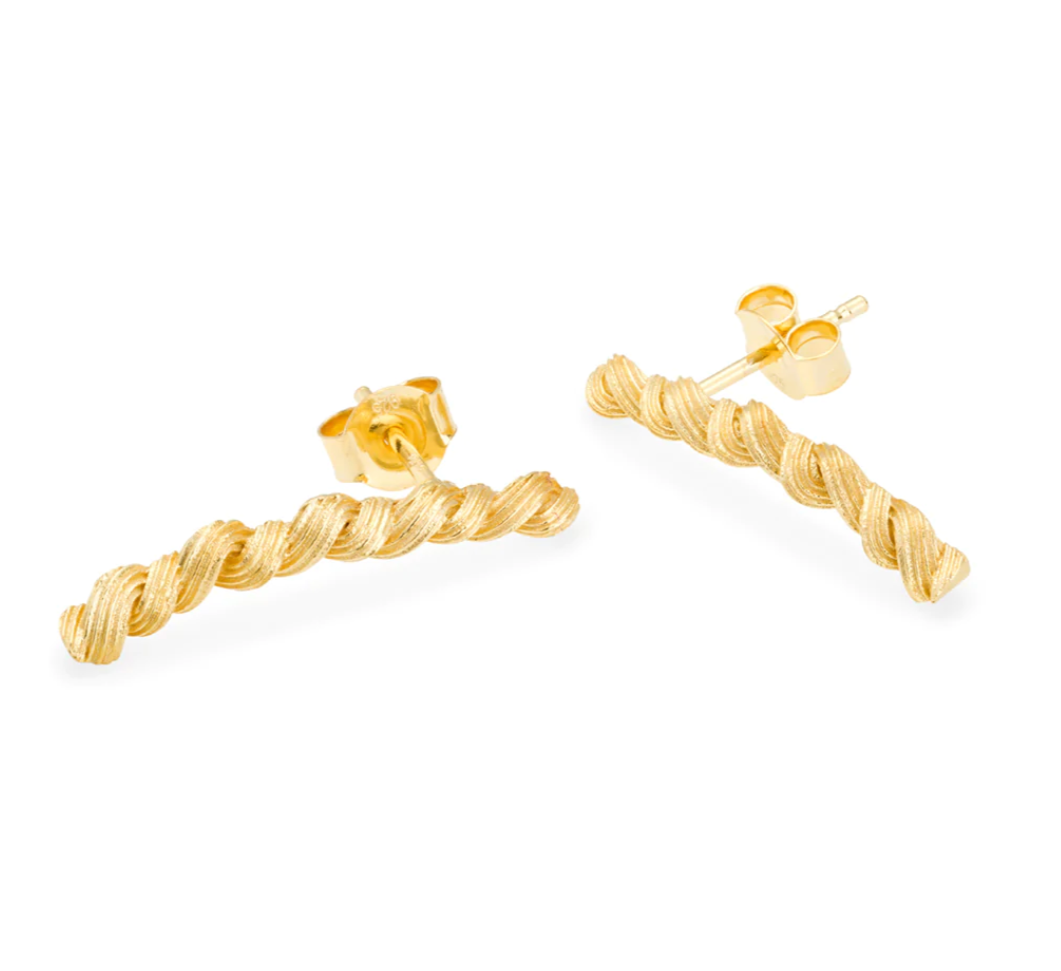gold braided ear climber stud earrings on white background