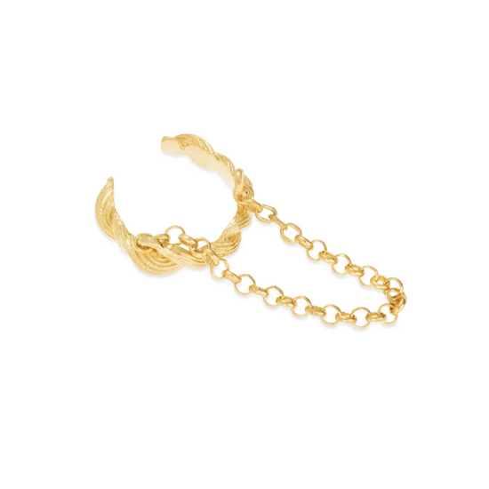 gold braided ear cuff with chain detail on white background