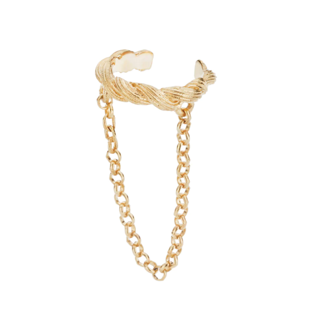 front view of gold braided cuff earring with chain detail on white background