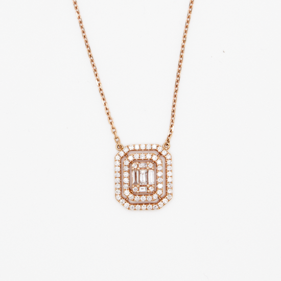 rectangle shaped white diamond pendant set in rose gold on white background
