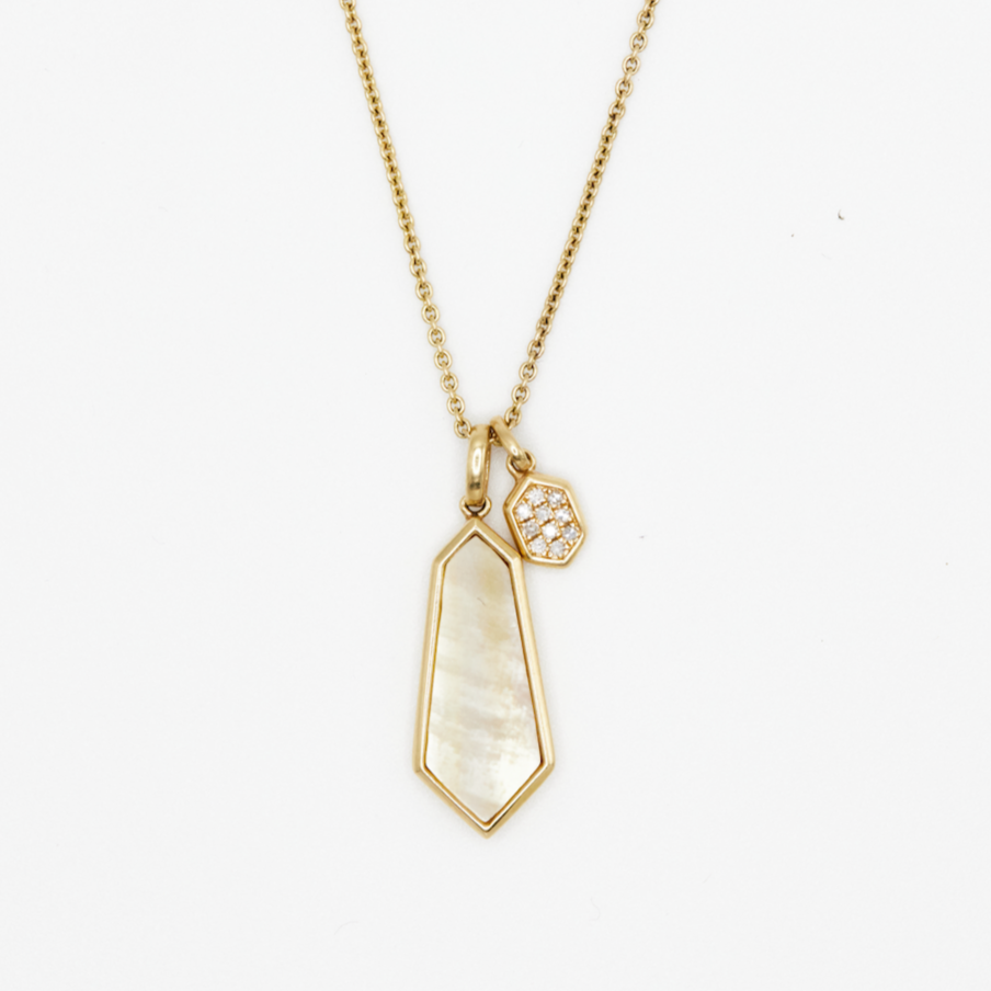 Load image into Gallery viewer, elongated mother of pearl pendant with diamond pave charm on white background

