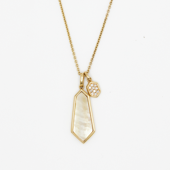 Load image into Gallery viewer, elongated mother of pearl pendant with diamond pave charm on white background
