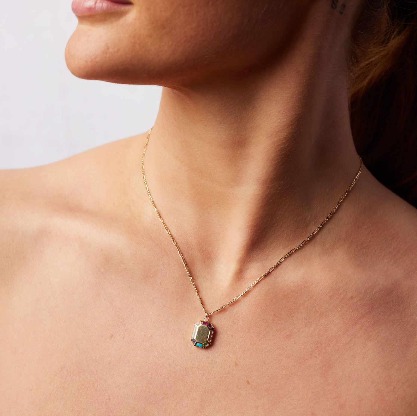 model wearing the rainbow grande octagon pendant necklace